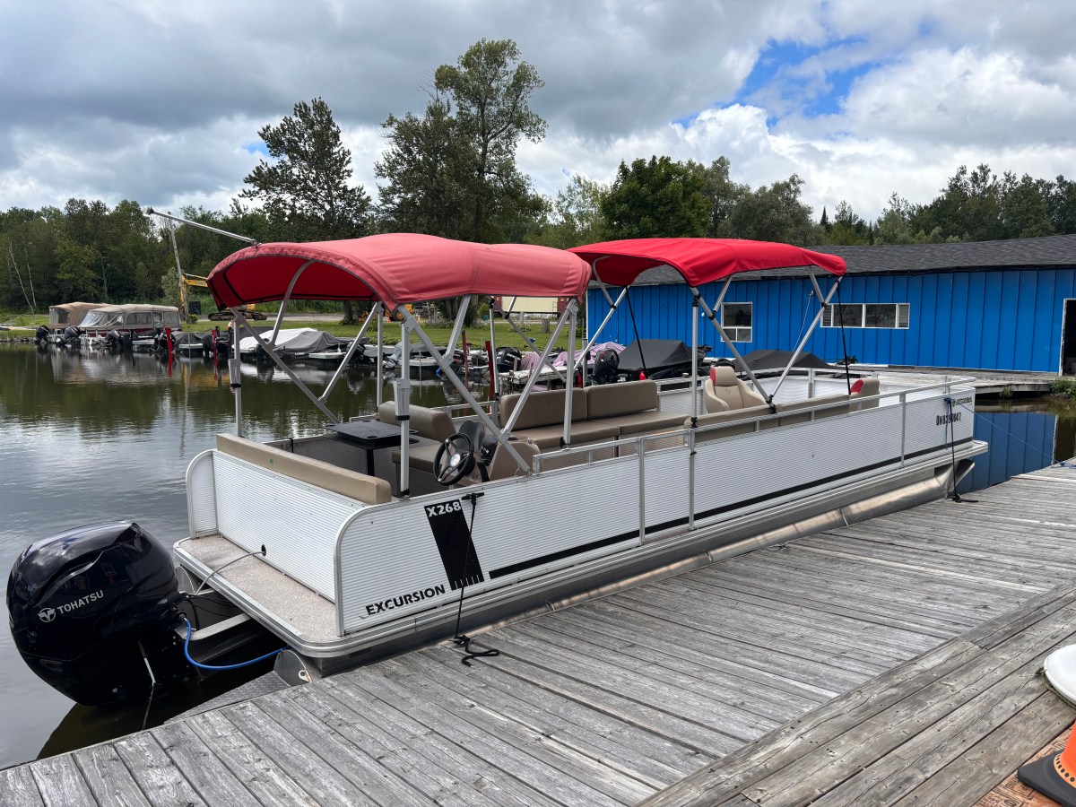 Pontoon boat with red canopies docked by a lakeside.