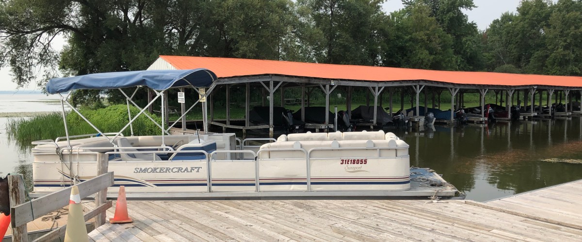Docked pontoon boat near covered marina with trees in background.